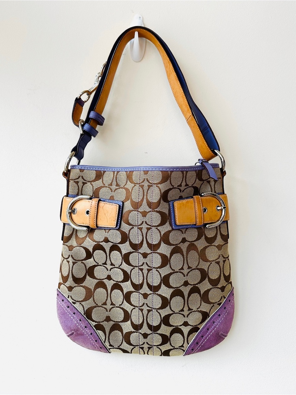 Vintage Coach Signature Khaki with Purple Suede trim and Leather Accent